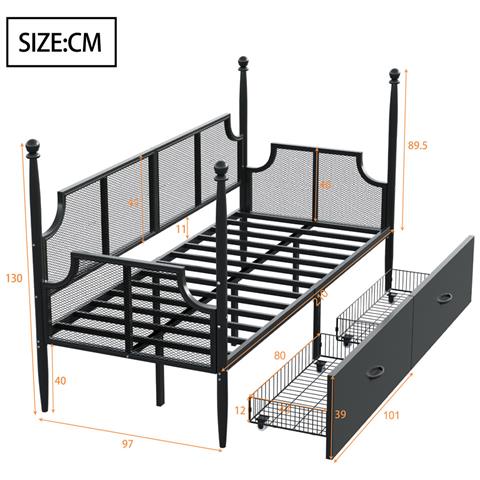 Letto In Ferro 90x200cm, Letto Singolo Con Schienale A Rete, Braccioli E Supporto A Colonna, Struttura In Metallo Con Vani Portaoggetti, Letto Per Ragazzi, Nero - Foto 4