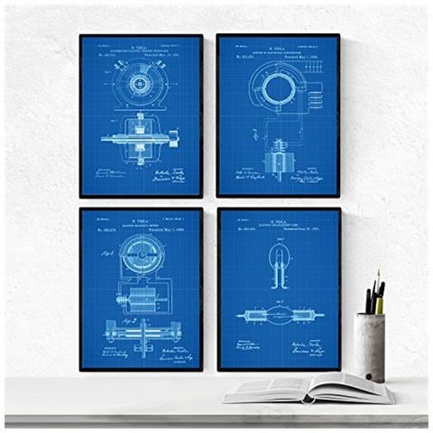 Set Di 4 Stampe Su Sfondo Blu Brevetto Macchinari Energia Elettrica Progetto Iniziale Per Produzione Energia Elettrica Oggetti Cornice Nera A4 - Foto 1
