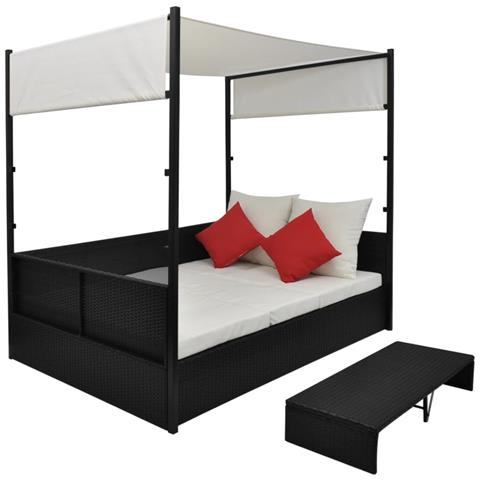 Lettino Da Giardino Con Tetto Nero 190x130 Cm In Polyrattan - Foto 1