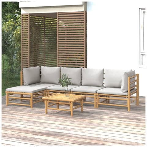 Set Salotto da Giardino 6pz con Cuscini Grigio Chiaro Bambù - Foto 2