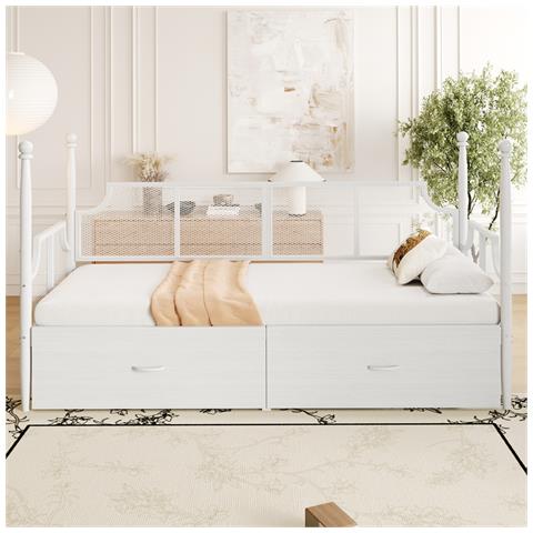 Letto In Ferro 90x200cm, Letto Singolo Con Schienale A Rete, Braccioli E Supporto A Colonna, Struttura In Metallo Con Vani Portaoggetti, Letto Per Ragazzi, Bianco - Foto 2