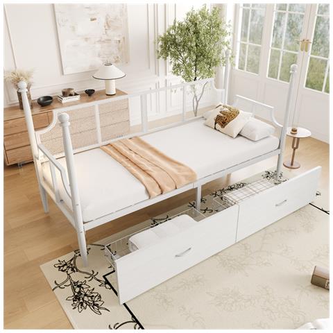 Letto In Ferro 90x200cm, Letto Singolo Con Schienale A Rete, Braccioli E Supporto A Colonna, Struttura In Metallo Con Vani Portaoggetti, Letto Per Ragazzi, Bianco - Foto 1