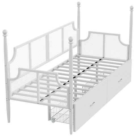 Letto In Ferro 90x200cm, Letto Singolo Con Schienale A Rete, Braccioli E Supporto A Colonna, Struttura In Metallo Con Vani Portaoggetti, Letto Per Ragazzi, Bianco - Foto 4