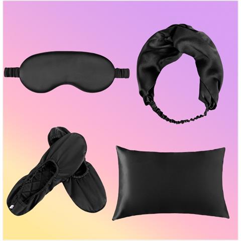 Set Da Viaggio /casa In Seta Di Gelso 19 Momme: Mascherina, Federa, Fascia Per Capelli E Pantofole Black - Foto 2