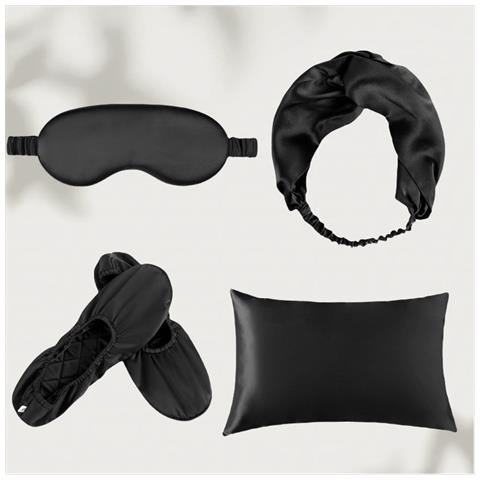 Set Da Viaggio /casa In Seta Di Gelso 19 Momme: Mascherina, Federa, Fascia Per Capelli E Pantofole Black - Foto 3