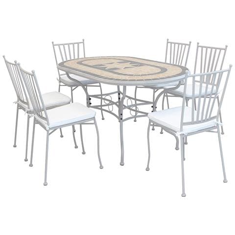 Set Tavolo Giardino Ovale Fisso Con Piano In Mosaico 160 X 90 Con 6 Sedie In Ferro Tortora Per Esterno - Foto 1