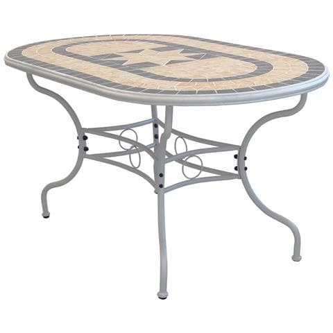 Set Tavolo Giardino Ovale Fisso Con Piano In Mosaico 160 X 90 Con 6 Sedie In Ferro Tortora Per Esterno - Foto 2