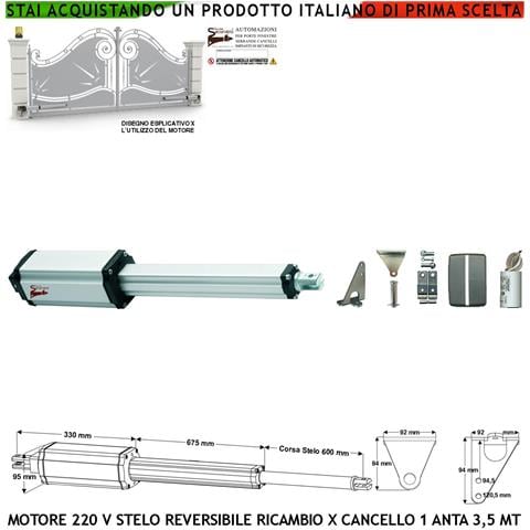 Pistone Elettromeccanico Stelo Retrattile Reversibile Corsa 600 Mm 220 V Per Cancello Battente Anta Da 3,5 Metri Spint - Foto 1