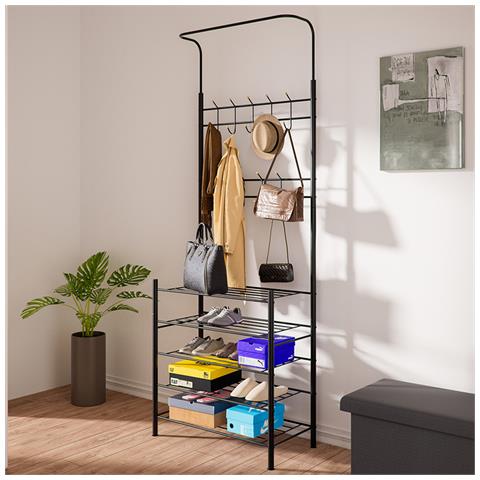 Stand Appendiabiti Da Ingresso Struttura Metallo 9 Ganci Con Scarpiera 5 Ripiani - Foto 1