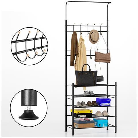 Stand Appendiabiti Da Ingresso Struttura Metallo 9 Ganci Con Scarpiera 5 Ripiani - Foto 4