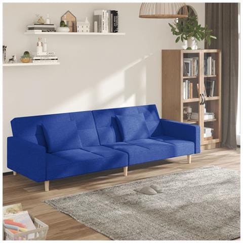 Divano Letto a 2 Posti con 2 Cuscini Blu in Tessuto - Foto 2