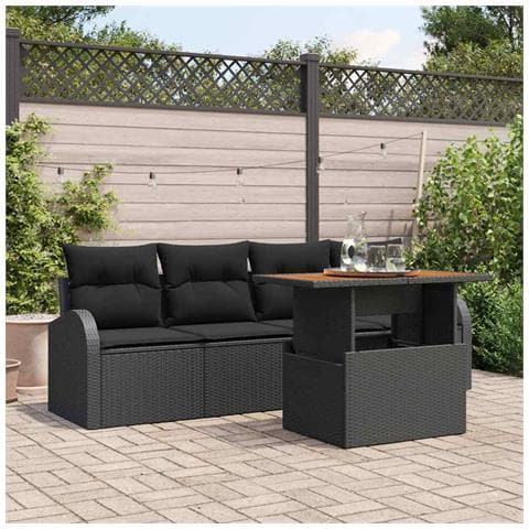 Set da Pranzo da Giardino 5 Pezzi con Cuscini Nero Poly Rattan Acacia - Foto 2