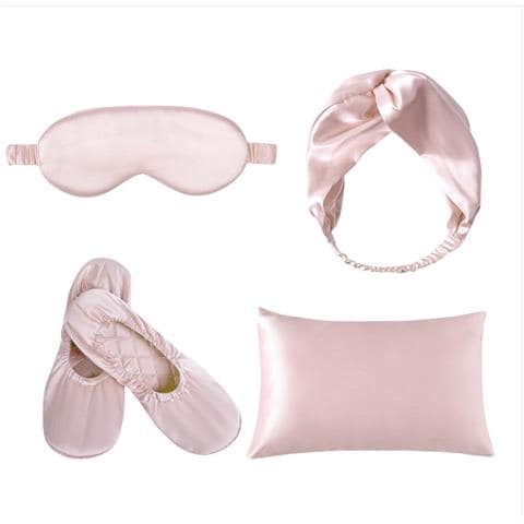 Set Da Viaggio /casa In Seta Di Gelso 19 Momme: Mascherina, Federa, Fascia Per Capelli E Pantofole Pink - Foto 1