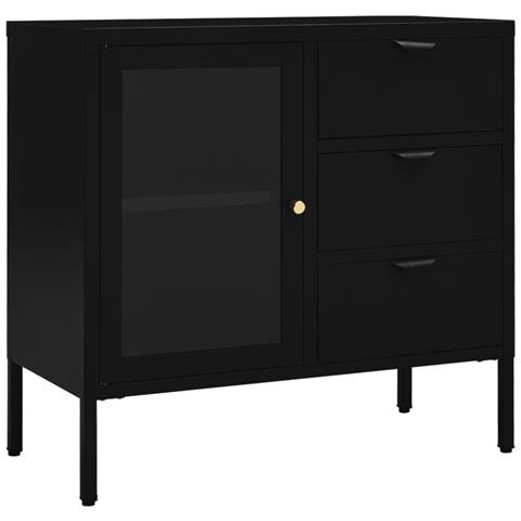 Credenza Nera 75x35x70 Cm In Acciaio E Vetro Temperato - Foto 1
