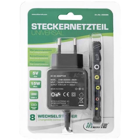 Alimentatore Universale, 5V / 15W, con 8 spine intercambiabili, Micro-USB, USB-C - Foto 2