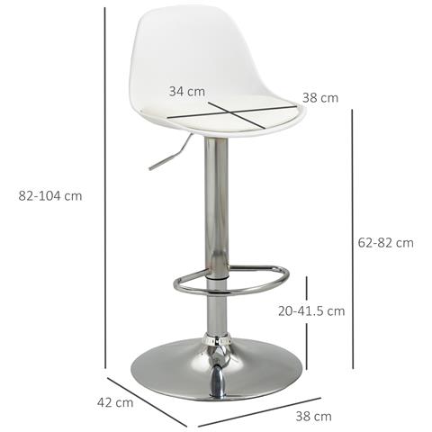 Set 2 Sgabelli Da Bar Girevoli Con Schienale, Poggiapiedi E Altezza Regolabile, 38x42x82-104cm, Bianco - Foto 6