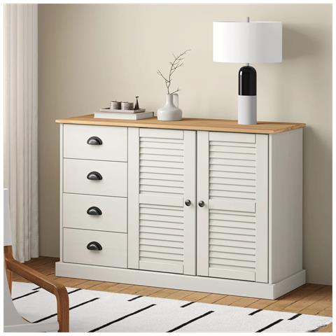 Credenza Cassetti Vigo 113x40x75 Cm Legno Massello Pino Bianco - Foto 8