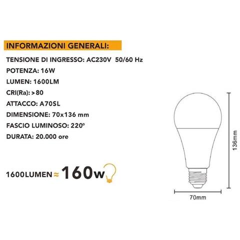 Lampadina Led 16 W Lampada Luce Naturale 4000k E27 A70 - Foto 3