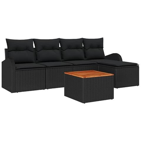 Set di Sofà da Giardino di 6 Pezzi con Cuscini Nero Polyrattan Acacia - Foto 1