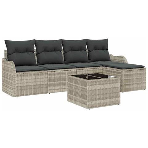 Set Divano da Giardino 6 Pezzi con Cuscini Rattan Polyrattan Grigio, Divano da Giardino 2 Posti con Ripostiglio e Cuscini Rattan Polyrattan Grigio Chiaro - Foto 1