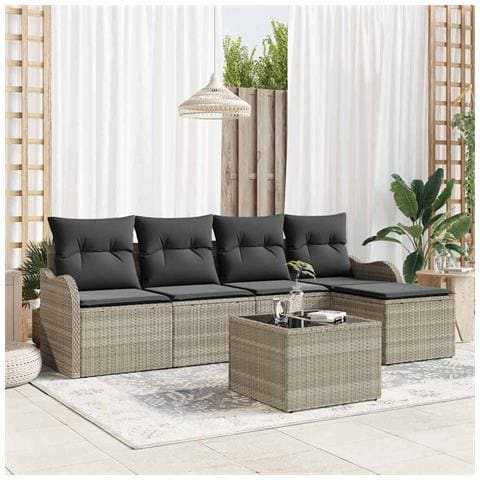 Set Divano da Giardino 6 Pezzi con Cuscini Rattan Polyrattan Grigio, Divano da Giardino 2 Posti con Ripostiglio e Cuscini Rattan Polyrattan Grigio Chiaro - Foto 2