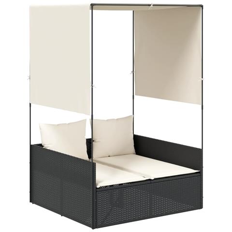 Lettino Prendisole con Tetto e Tende Nero in Polyrattan - Foto 1