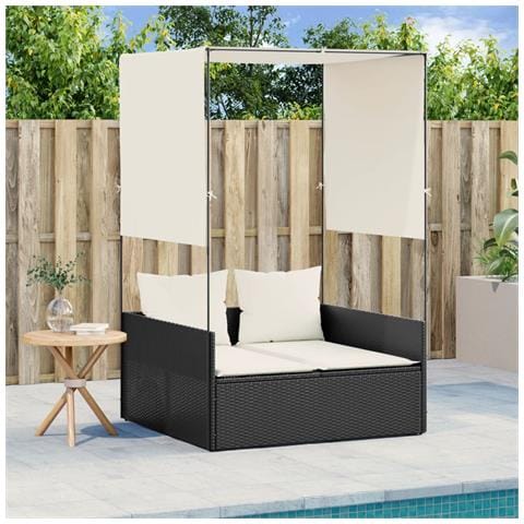 Lettino Prendisole con Tetto e Tende Nero in Polyrattan - Foto 2