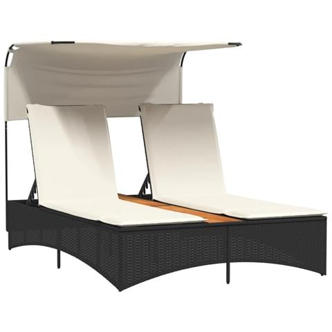 Lettino Prendisole Doppio Baldacchino e Cuscini Nero Polyrattan - Foto 1