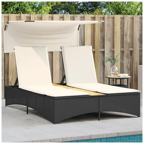 Lettino Prendisole Doppio Baldacchino e Cuscini Nero Polyrattan - Foto 2