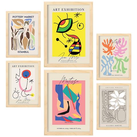 Set Di 6 Stampe Collezione Di Piatti D'arte Astratta Con Collage Estetico Per La Decorazione D'interni A3 & A4 Telaio In Legno Chiaro - Foto 1