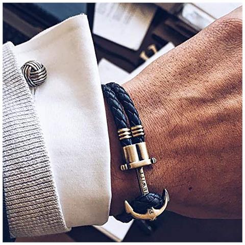 Bracciale Uomo Con Ancora Phrep - Bracciale Uomo Ancora In Pelle (blu Navy), Bracciale Uomo Marinaro Con Ciondolo Ancora In Acciaio (ottone)  - Foto 2