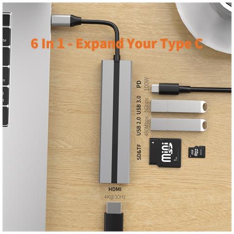 Hub Usb-c 6 In 1 Con Hdmi 4k, Porte Usb 3.0/2.0, Lettore Di Schede Sd /tf - Foto 2