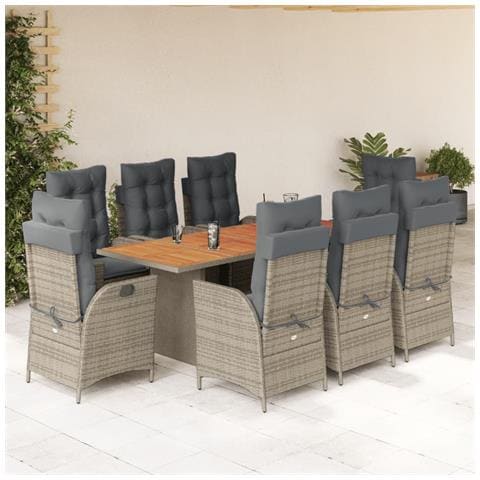 Set Da Pranzo Da Giardino 9 Pz Con Cuscini In Polyrattan Grigio - Foto 1
