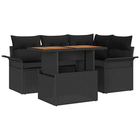 Set da pranzo da giardino 5 pezzi con cuscini Nero Polyrattan Acacia - Foto 1