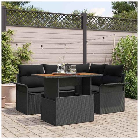 Set da pranzo da giardino 5 pezzi con cuscini Nero Polyrattan Acacia - Foto 2