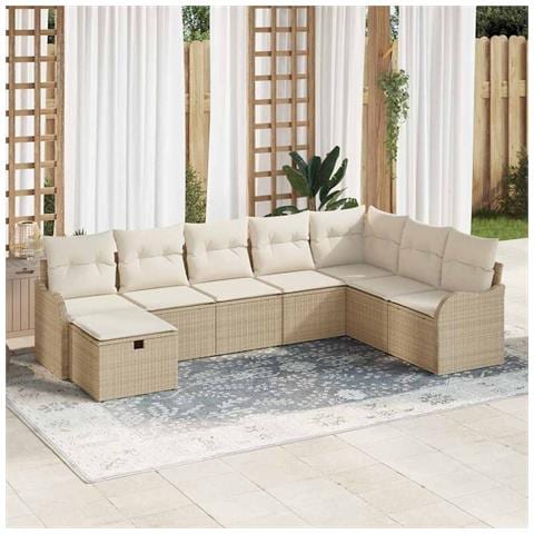 Set di Divani da Giardino 8 Pezzi con Cuscini Rattan Poliestere Beige, Divano da Giardino per 2 Persone con Cuscini Rattan Poliestere Beige - Foto 2