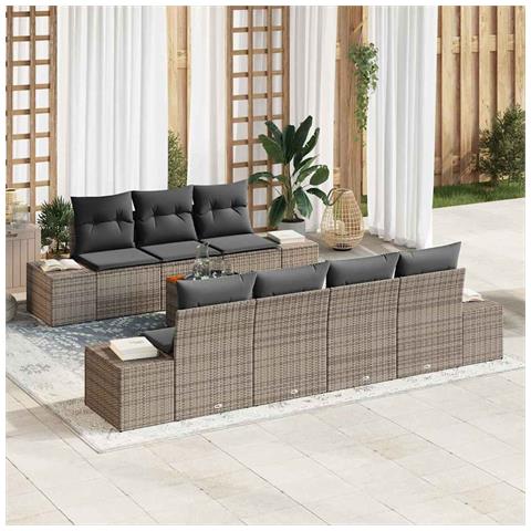 Set di Sofa da Giardino di 8 Pezzi con Cuscini Grigio Polyrattan Acacia - Foto 2