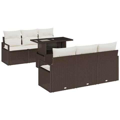 Set Divano Giardino a 7 Pezzi con Cuscini Rattan Poliestere Marrone, Divano Giardino a 2 Posti con Contenitore e Cuscini Rattan Poliestere Marrone - Foto 1