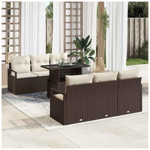 Set Divano Giardino a 7 Pezzi con Cuscini Rattan Poliestere Marrone, Divano Giardino a 2 Posti con Contenitore e Cuscini Rattan Poliestere Marrone - Foto 2