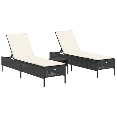 Set Lettini Prendisole con Cuscini 3pz Nero in Polyrattan - Foto 1