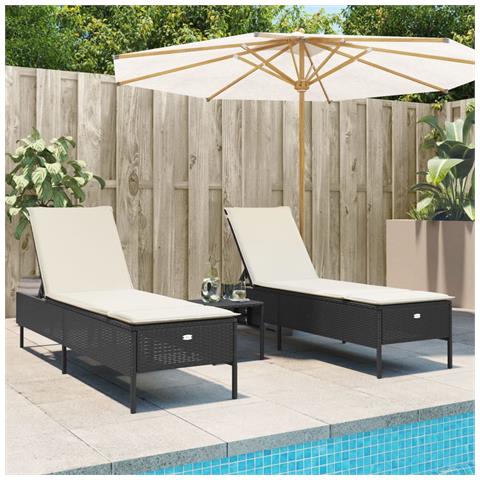 Set Lettini Prendisole con Cuscini 3pz Nero in Polyrattan - Foto 2