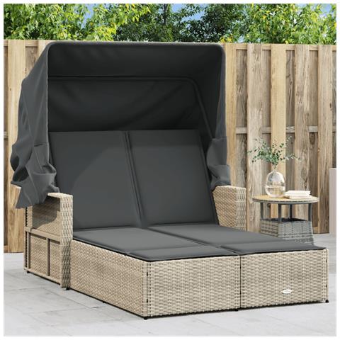 Lettino Doppio Baldacchino e Cuscini Grigio Chiaro Polyrattan - Foto 2