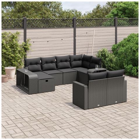 Set Divani da Giardino 10pz con Cuscini in Polyrattan Nero - Foto 2