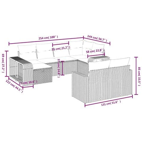 Set Divani da Giardino 10pz con Cuscini in Polyrattan Nero - Foto 4