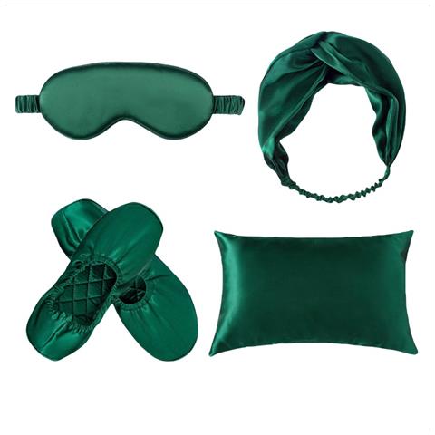 Set Da Viaggio /casa In Seta Di Gelso 19 Momme: Mascherina, Federa, Fascia Per Capelli E Pantofole Green - Foto 1