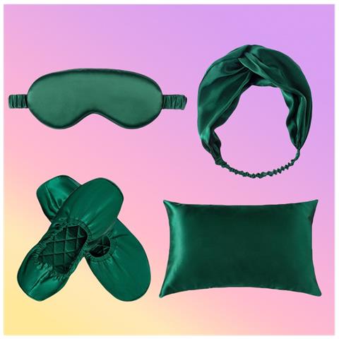 Set Da Viaggio /casa In Seta Di Gelso 19 Momme: Mascherina, Federa, Fascia Per Capelli E Pantofole Green - Foto 2