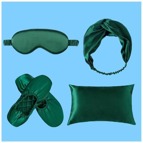 Set Da Viaggio /casa In Seta Di Gelso 19 Momme: Mascherina, Federa, Fascia Per Capelli E Pantofole Green - Foto 3