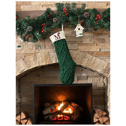Calza Di Natale Personalizzata In Maglia Ricamata Con Lettera M - Decorazione Natalizia Verde - Foto 2