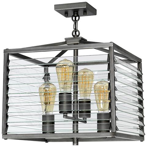 Lampadario Industrial Nordico Louvre Acciaio Canna Di Fucile Vetro 4 Luci E27 - Foto 2
