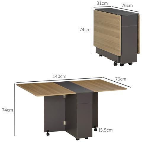 Tavolo Pieghevole Da Pranzo In Truciolato Con 2 Cassetti, 1 Armadietto, Max. 6 Persone, 140x76x76 Cm - Foto 2